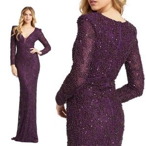 Mac Duggal  Evening Gown Sequin beaded illusion plunge neckline